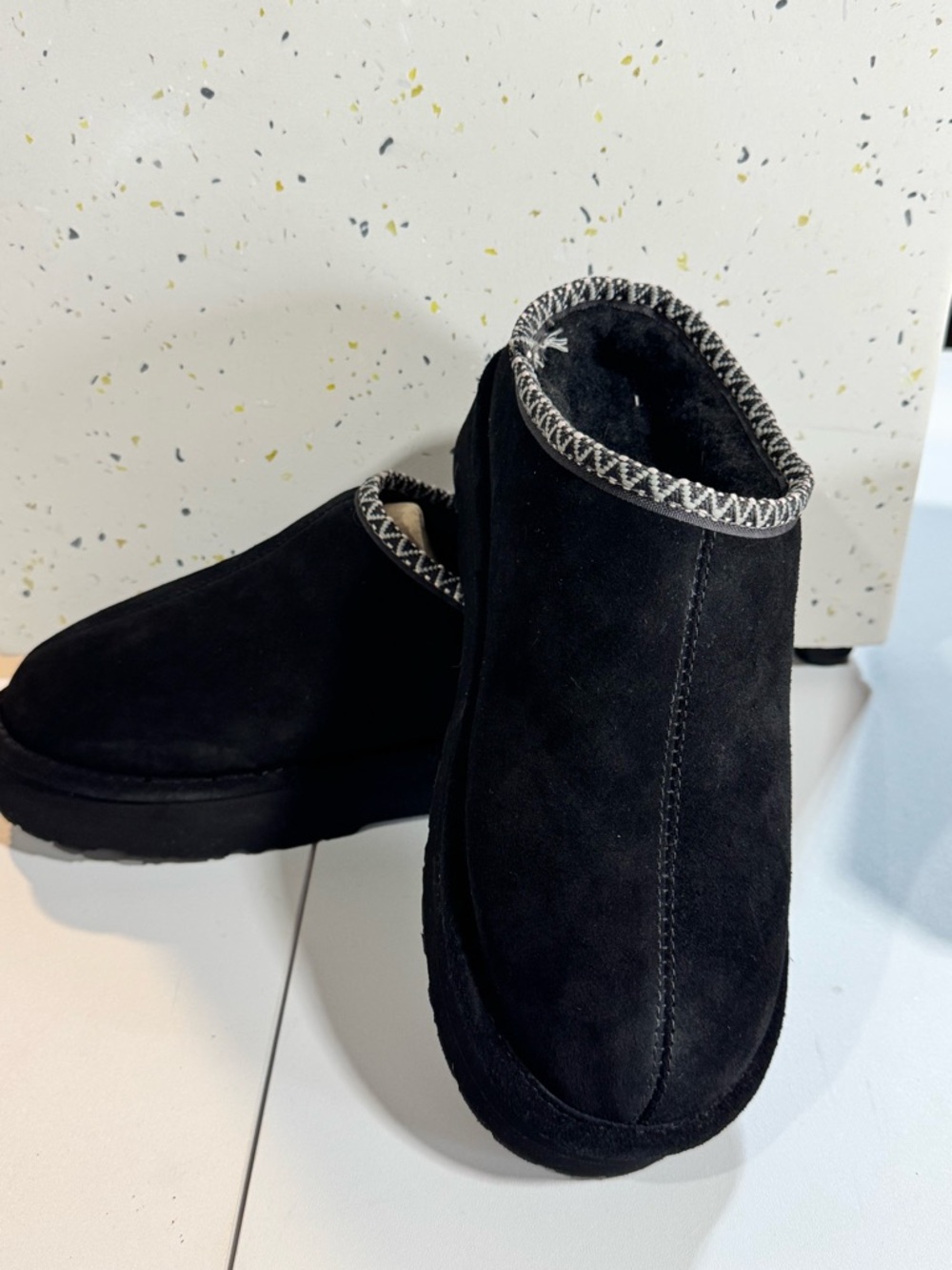 BearPaw Black Suede Shearling-Lined Slippers
